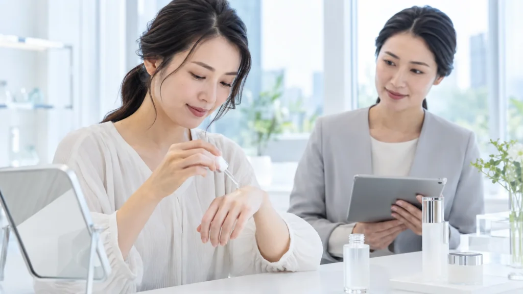 化粧品の使用感を伝える消費者とリサーチ担当者を描いたAI生成イメージ。実際の顧客施設ではありません